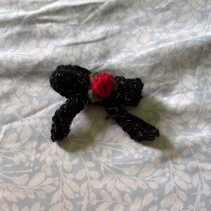 Black Bow with Red Rose Accent